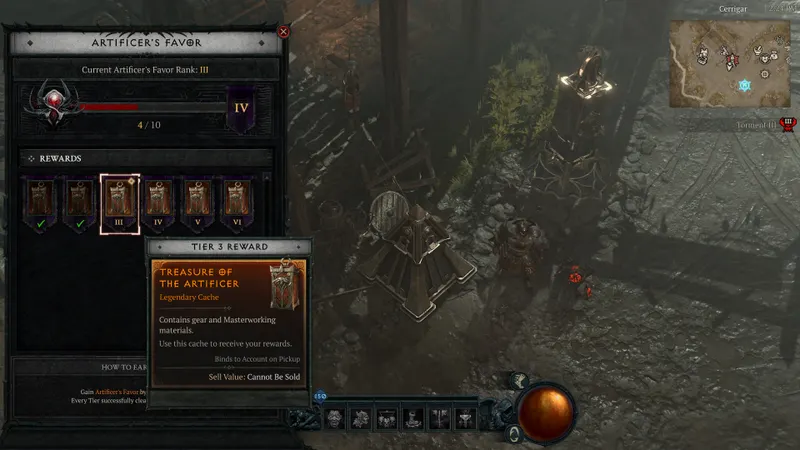 Interface de la Tour de l’Artificier dans Diablo IV avec récompenses de haut niveau
