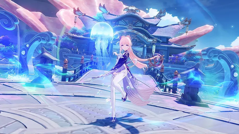 Scène officielle de Genshin Impact avec des effets Hydro bleus pendant un combat