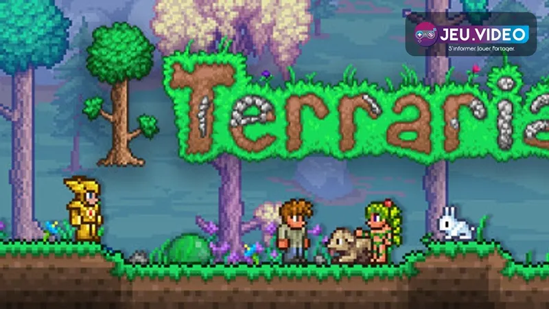 Visuel officiel de Terraria montrant un monde en deux dimensions avec constructions et zones à explorer