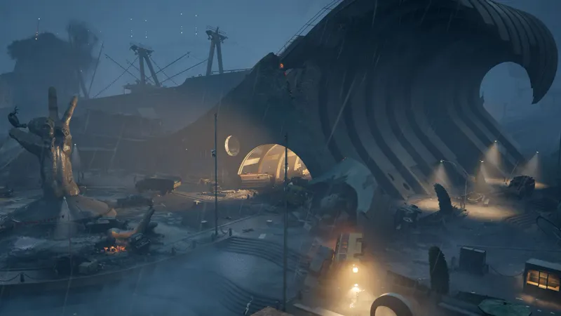 Plateforme Wave sous la pluie dans Blood On Crystal avec une grande structure métallique