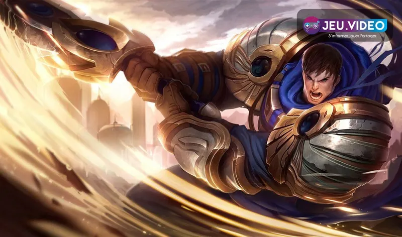 Garen, champion de League of Legends, en armure avec son épée sur un champ de bataille