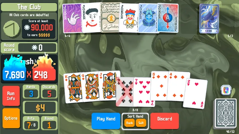 Boss Blind The Club dans Balatro affaiblissant les cartes de trèfle, avec une main et des Jokers à analyser avant de jouer