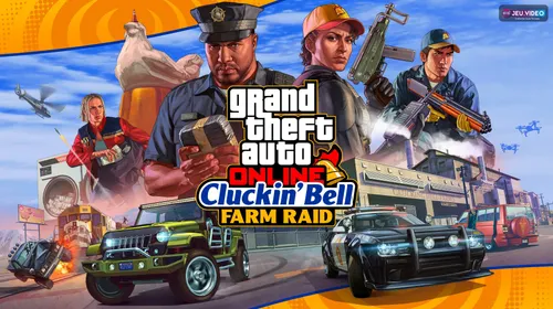Personnages de GTA Online devant la ferme Cluckin’ Bell avant une opération solo