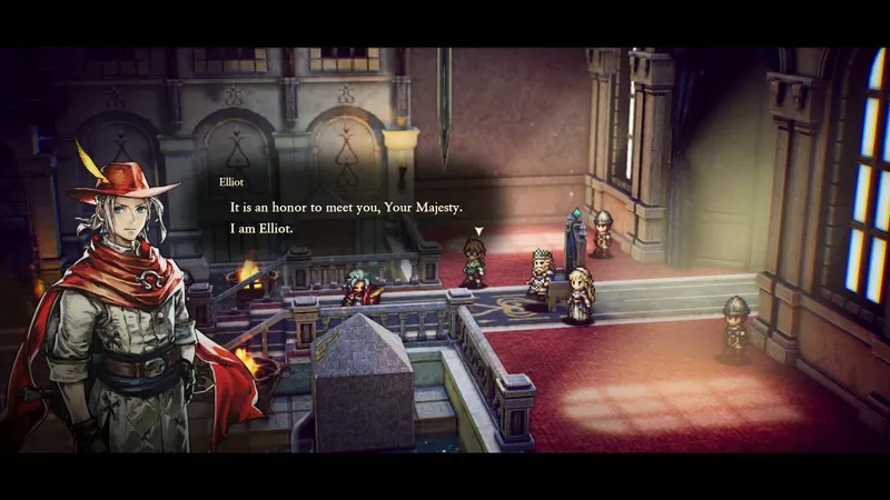 Scène de dialogue HD-2D dans The Adventures of Elliot : The Millennium Tales