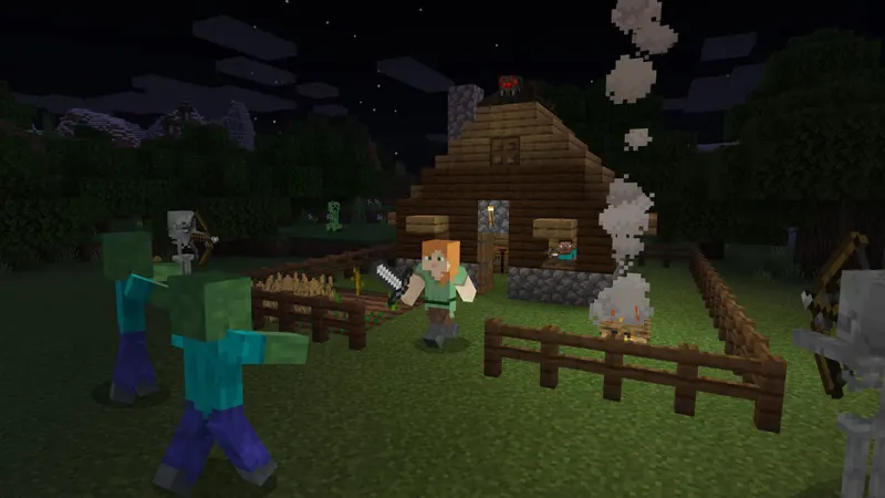 Zombies, squelettes et creepers s’approchant d’une petite maison Minecraft la nuit