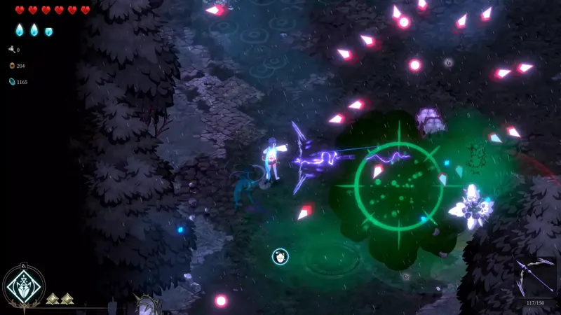 Combat bullet hell dans Ira avec projectiles et ennemis