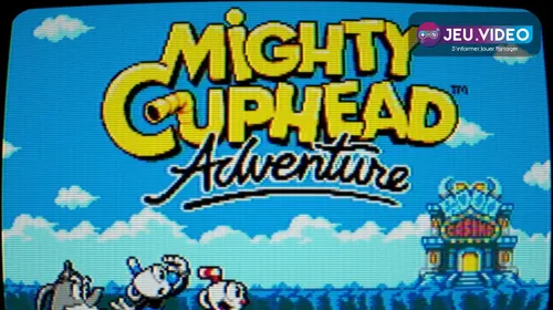 Mighty Cuphead Adventure trailer montrant l’écran titre 8-bit de Cuphead