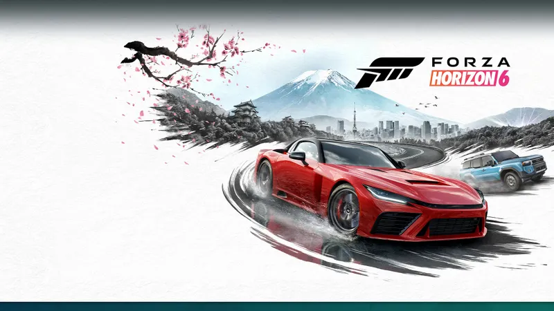Forza Horizon 6 montrant le Japon, le logo du jeu et deux voitures de couverture