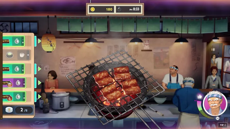 Bancho the Chef montrant la cuisson de morceaux de poisson sur un grill pendant le service