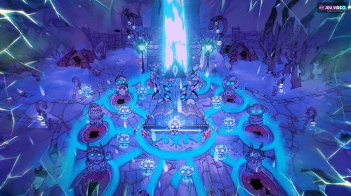 Sanctuaire glacé de Cult of the Lamb Woolhaven avec le Lamb devant une lumière bleue pour préparer l’entrée du DLC