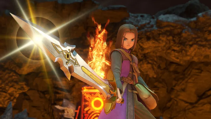 Dragon Quest XI S sur Switch 2 avec le mode 2D rétro dans une zone verdoyante