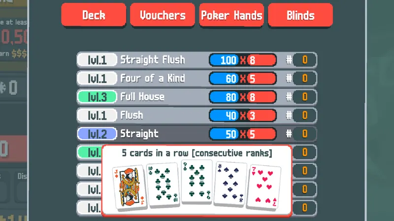 Menu des niveaux de mains de Balatro montrant les valeurs de Straight, Flush, Full House et autres mains pour choisir une main à améliorer