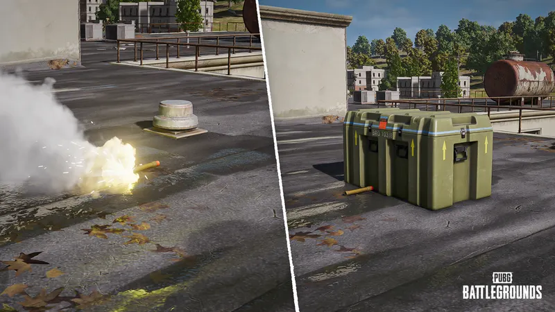 Emergency Supply Flare de PUBG montrant la fumée jaune et la caisse à sécuriser avec des fumigènes avant le loot