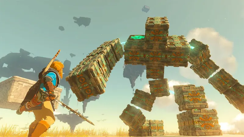 Link face à un Golem de blocs dans Zelda Tears of the Kingdom, combat qui demande une arme solide et des fusions capables de frapper fort