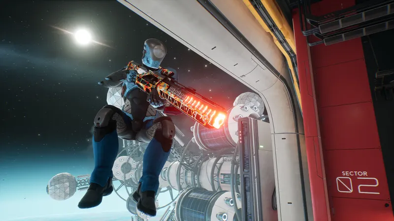 Affrontement de Splitgate original dans un couloir futuriste traversé par un portail bleu