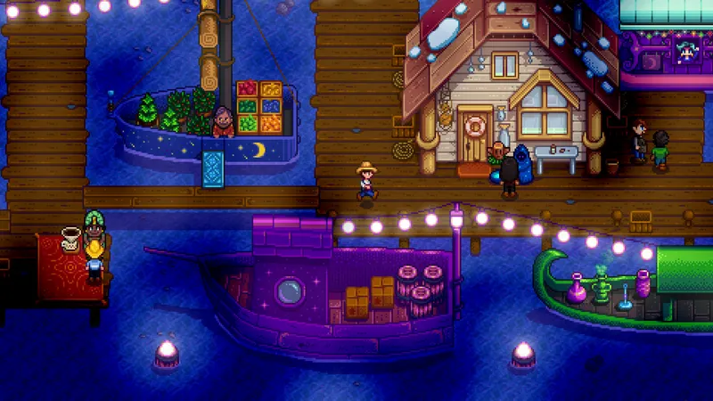Marché nocturne de Stardew Valley avec stands saisonniers