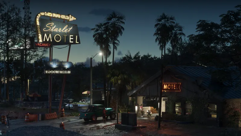 Motel de Port Gellhorn dans GTA 6 de nuit pour illustrer une première session longue et préparée