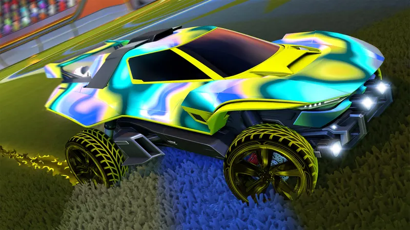 Voiture Rocket League en virage serré sur gazon pour illustrer l importance d un bind powerslide simple sur manette