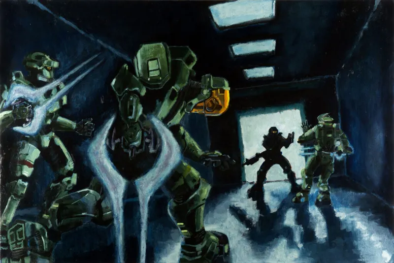 Illustration de soldats en armure verte dans un couloir sombre, avec des lames lumineuses bleutées au premier plan.