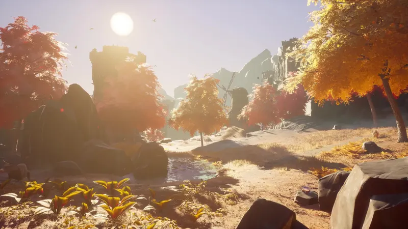 RuneScape Dragonwilds montrant Ashenfall avec riviere et arbres dores