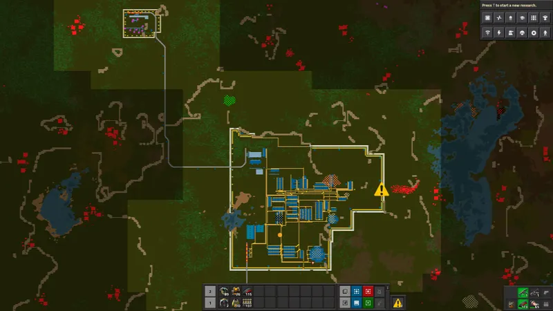 Carte Factorio montrant une base des ennemis et des avant-postes à surveiller pour défendre le pétrole