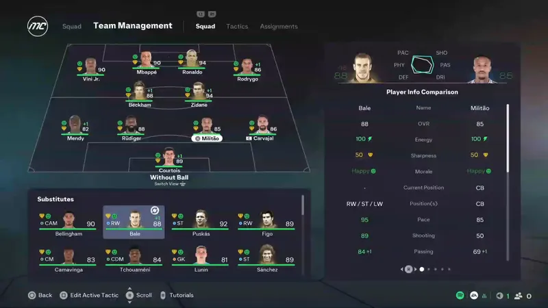 Gestion d’équipe de EA SPORTS FC 26 comparant les attributs de deux joueurs avant un recrutement.