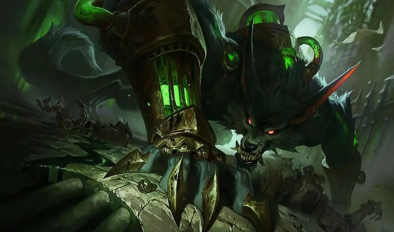 Warwick, jungler de League of Legends, bondissant dans une rue sombre