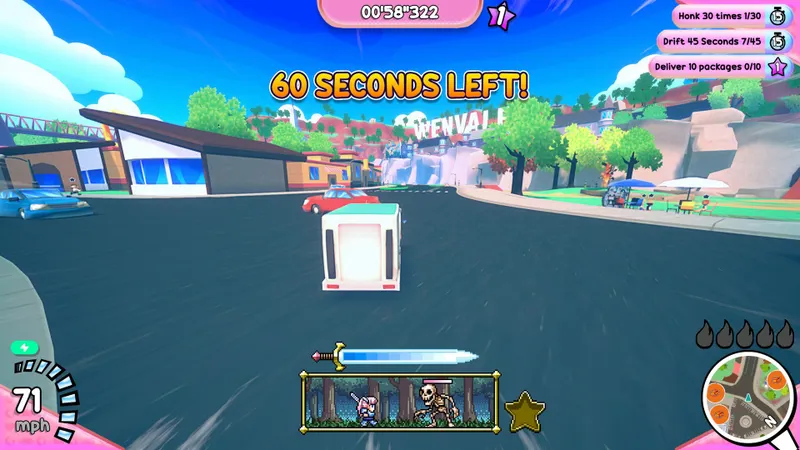Truck driving through Wenvale during an active delivery route