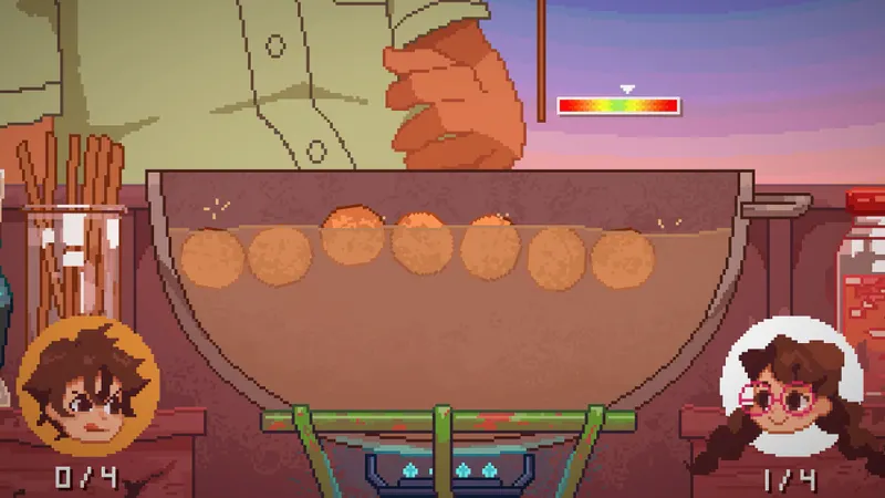 Mini-jeu de fishballs dans Until Then avec une jauge de timing pour attraper la nourriture au bon moment