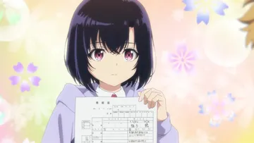 Tsugumi tient son carnet au premier plan tandis qu’Eiji apparaît derrière elle avec des menottes