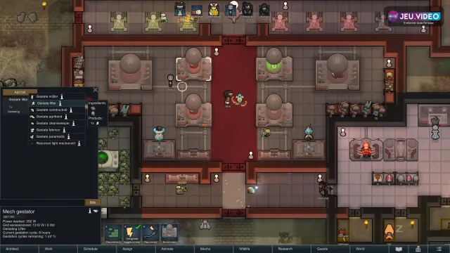 Base RimWorld Biotech avec mech gestators, rechargers et menu de gestation pour organiser un départ mechanitor stable