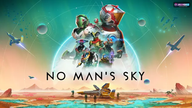 Art officiel de No Man’s Sky montrant des voyageurs, des vaisseaux et une planète pour illustrer une progression débutant complète