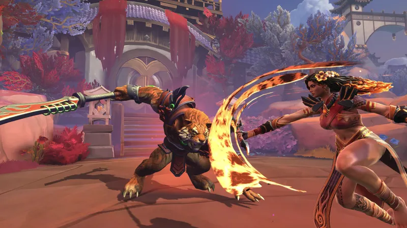 Combat d’équipe de SMITE avec plusieurs dieux en action, test conseillé après avoir constitué un groupe crossplay