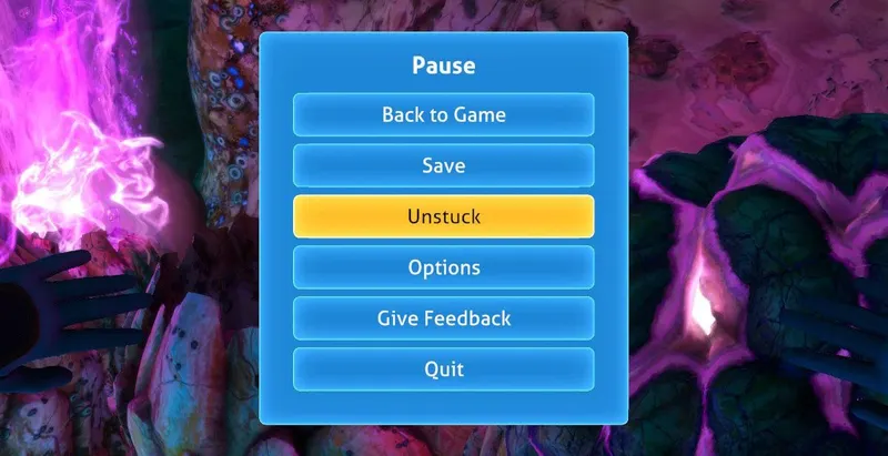 Menu pause de Subnautica Below Zero avec bouton Unstuck pour revenir à un emplacement sûr