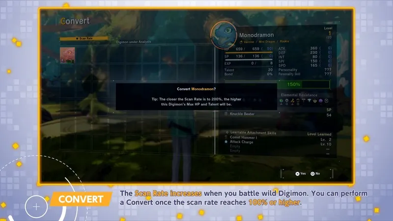 Écran Convert de Digimon Story Time Stranger montrant Monodramon avec un taux de scan à 150%