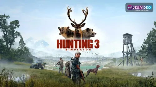 Visuel officiel de Hunting Simulator 3 montrant un chasseur, son chien, un véhicule tout terrain et une tour de guet
