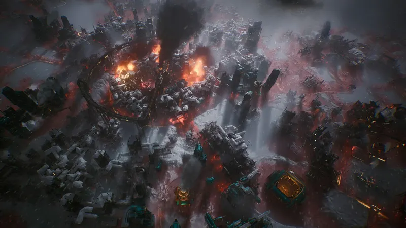 Frostpunk 2 montrant une ville en flammes sous la neige