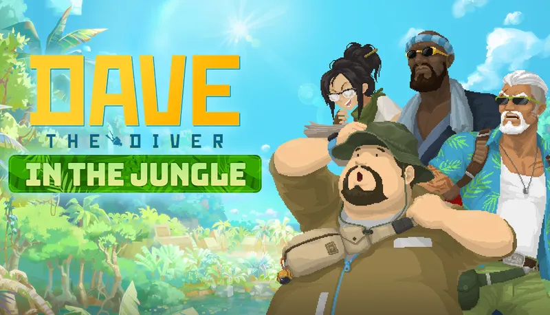 Dave the Diver DLC In the Jungle avec Dave devant la jungle et le logo officiel