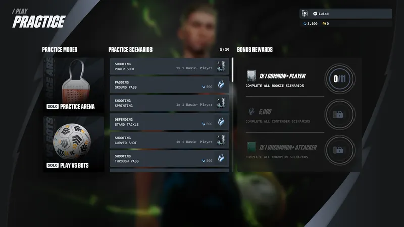 Écran officiel de GOALS montrant les Scenarios de la Practice Arena