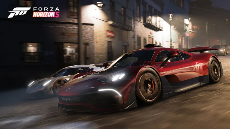 Mercedes-AMG ONE de Forza Horizon 5 roulant de nuit en ville pour illustrer une voiture route rapide à réserver aux tracés propres