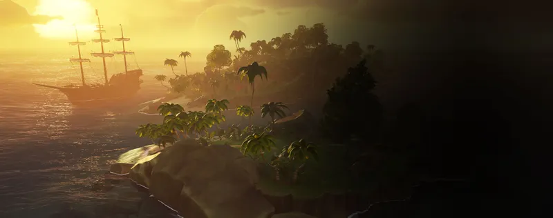 Île de Sea of Thieves au lever du soleil avant une session de reprise entre amis