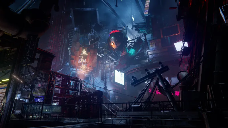 Quartier néon vertical de Ninja Gaiden 4 avec une arène étroite propice aux finisseurs