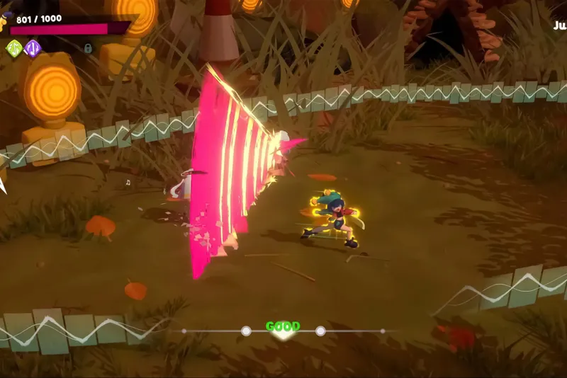 Alpha Nomos combat arena where Cello faces puppets while practicing a clean on-beat attack before a combo