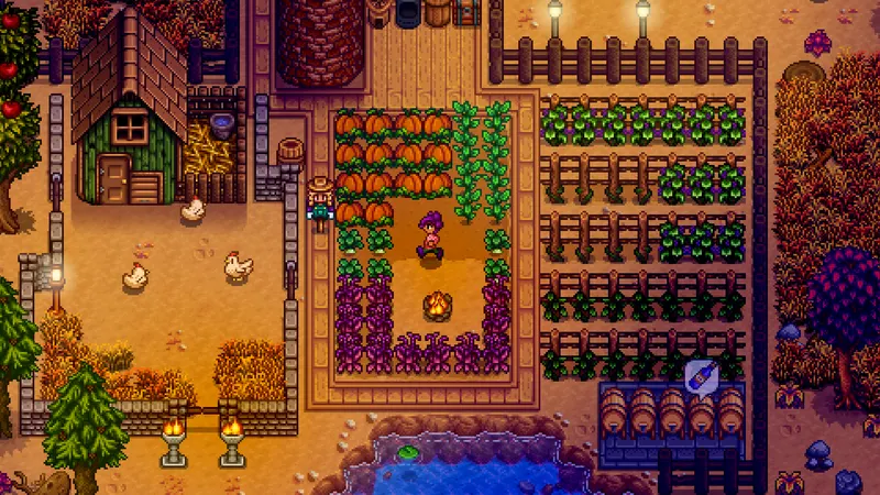Ferme de Stardew Valley en automne avec citrouilles, treillis et machines