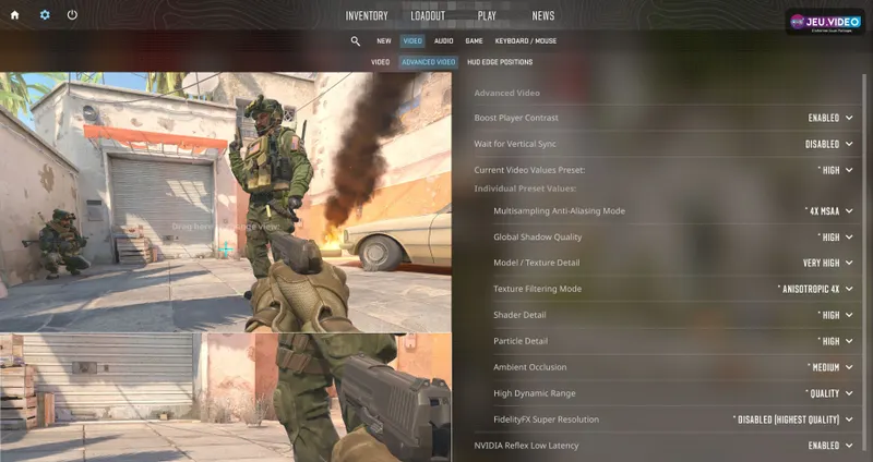 Menu vidéo avancé de Counter-Strike 2 montrant NVIDIA Reflex activé pour réduire la latence de la visée
