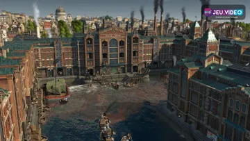 Port industriel d’Anno 1800 montrant les entrepôts et quais à organiser pour les premières routes commerciales