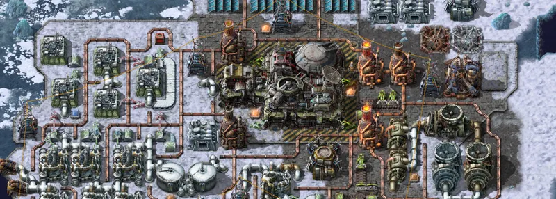 Base Factorio Space Age sur Aquilo avec neige, heat pipes et bâtiments chauffés pour montrer les contraintes avancées après les premières planètes