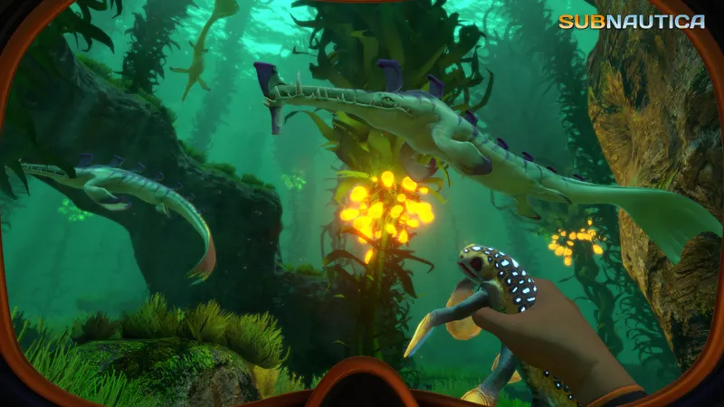 Biome profond et lumineux de Subnautica montrant une zone à aborder après avoir équipé le Cyclops et le PRAWN Suit
