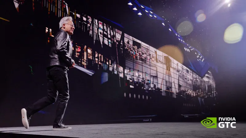 Jensen Huang geht auf einer Bühne vor einer großen Bildschirmwand entlang. Unten rechts ist das NVIDIA-GTC-Logo zu sehen.