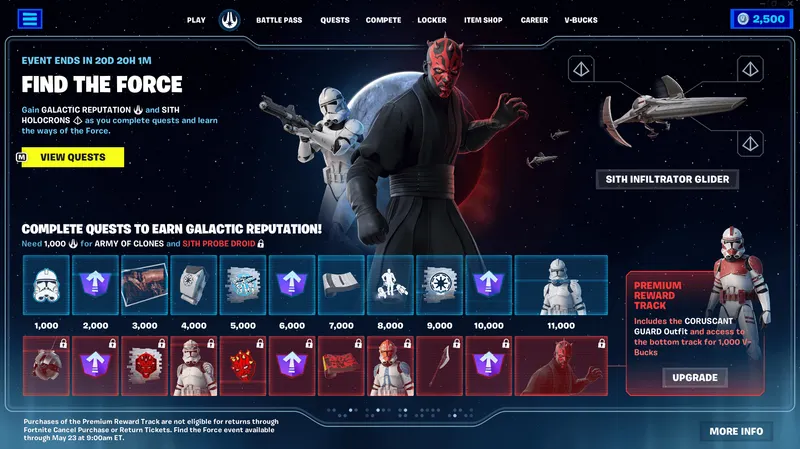 Écran des récompenses Find the Force dans Fortnite avec Darth Maul et holocrons Sith à ne pas confondre avec une quête active